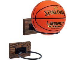 MyGift Wall Mounted Sports Ball Rack Display Holder - Solid Brown Wood and Metal Hanging Gym Basketball Soccer - ShopVlot