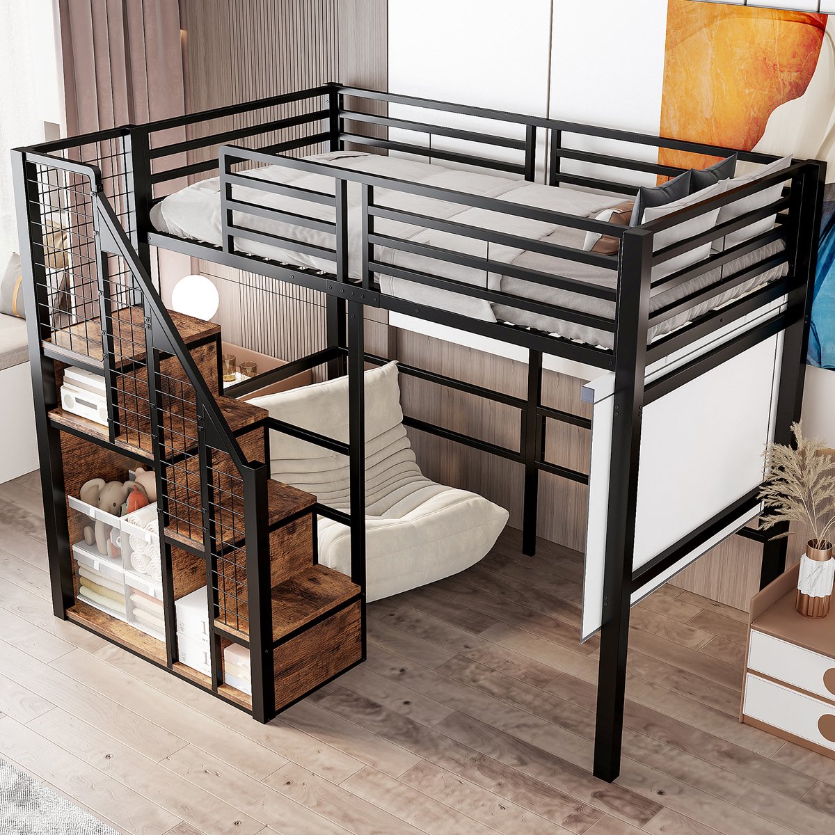 Hoogslaper - 90 x 200 cm - 1-persoons - met opbergruimte - met trap - Zwart