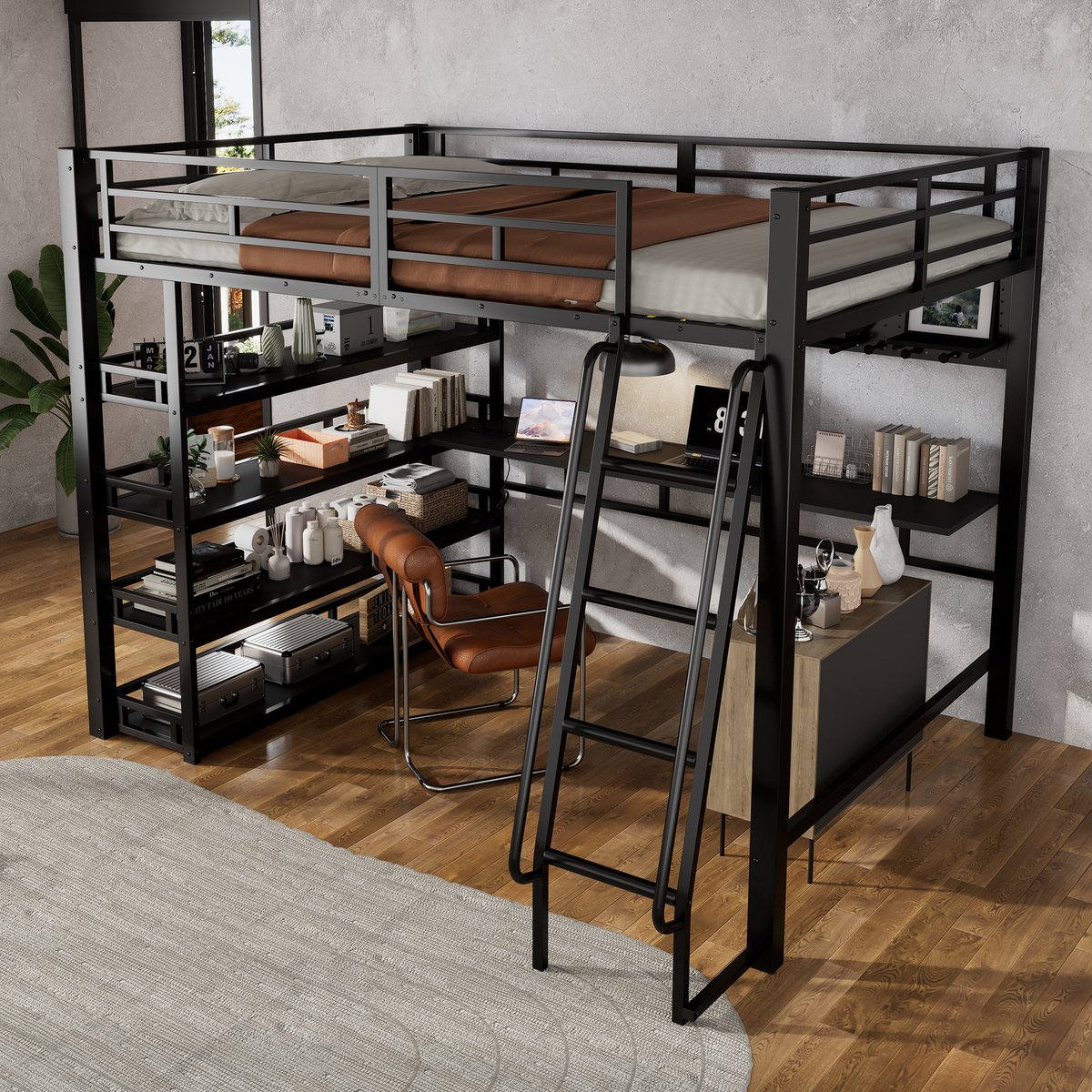 Hoogslaper - 140 x 200 cm - 2-persoons - met opbergruimte - met stopcontact - met ladder - Zwart