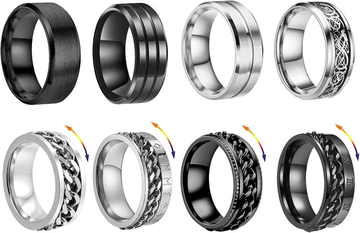 8pcs mens rings swivel stainless steel rings anti-anxiety rings men wedding jewelry - ShopVlot