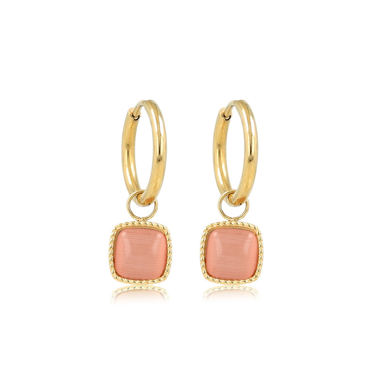 My Bendel - Goudkleurige Oorring met Vierkante Hanger van Pink Moonstone - met Luxe Cadeauverpakking | Sieraden Voor Dames