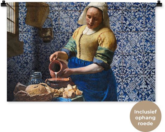 Detail van 'Het Melkmeisje' wandkleed met ophangroede. Tekst: Inclusief ophang roede.