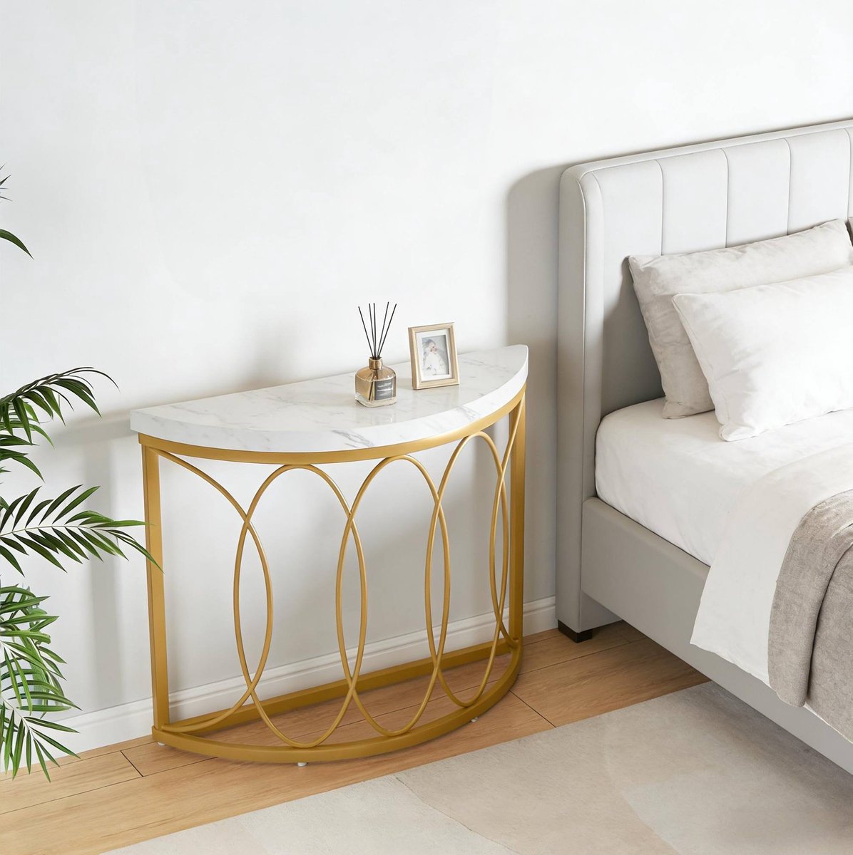 Wishdor Sidetable halfrond - Goud wit - Marmerlook tafelblad - Metalen frame - Modern - Voor hal en woonkamer - Met anti-kantelbevestiging - 110 x 35 x 80 cm