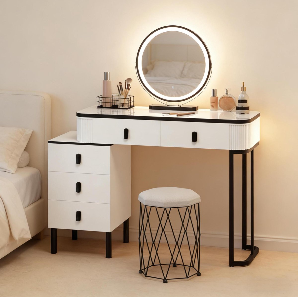 Wishdor Kaptafel met LED-spiegel en hocker - Moderne make-up tafel met lades, draaibare ronde spiegel, zwart-wit, 100 x 40 x 126 cm, voor volwassenen