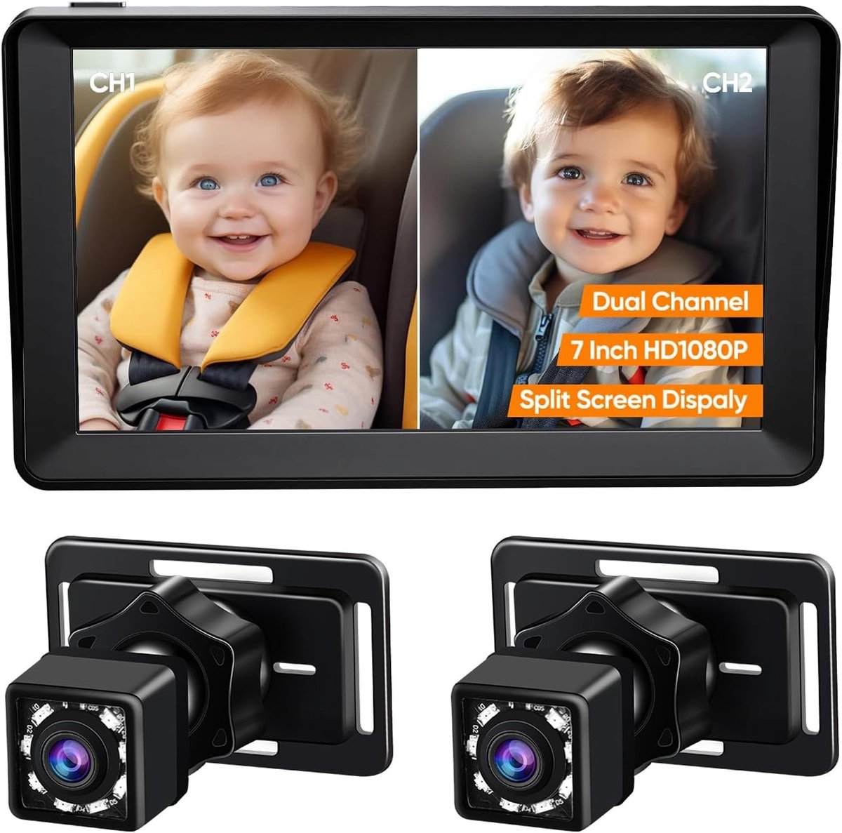 Deze autostoelcamera voor baby's is voorzien van twee 7-inch schermen met 1080p-resolutie, een brede kijkhoek en nachtzicht, waardoor ouders hun baby gemakkelijk in de gaten kunnen houden tijdens het autorijden.
