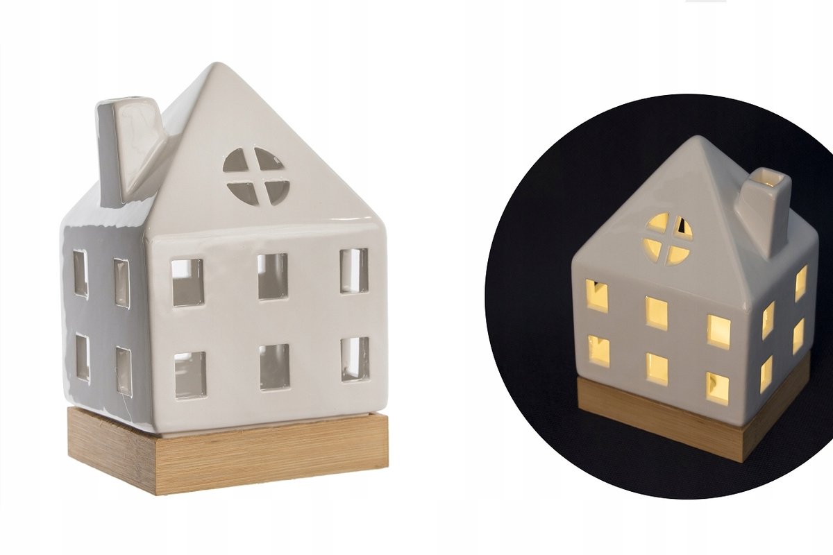Keramisch LED Huisje Wit met Houten Bodem - Sfeervolle Decoratie