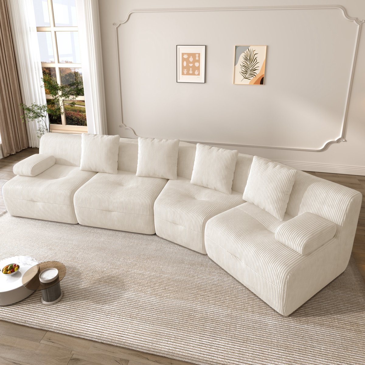 OKWISH Zitbank – 4-Zits Modulaire Bank Van Cordstof – Zonder Montage, Met Hoge Veerkracht En Tot 400 Kg Draagvermogen – Voor Woonkamer, Appartement En Lounge – Cordstof – Licht Beige