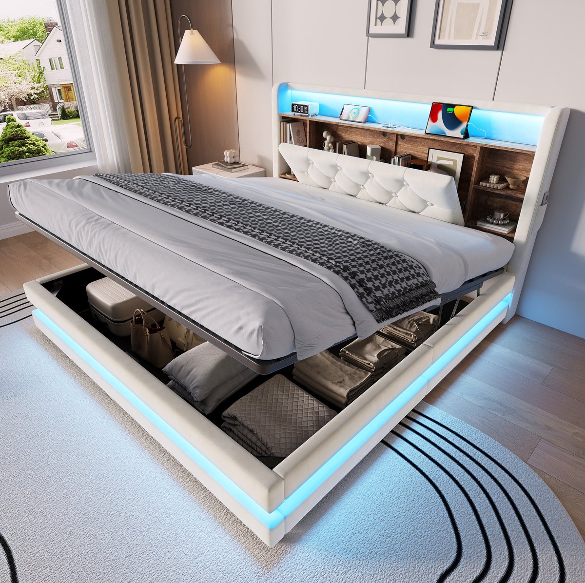 FloraGrace Polsterbed 140x200cm Met Stauraum - Bed Met LED Verlichting, USB En Type C - Hydraulisch - Met Lattenbodem - Beige - Zonder Matras