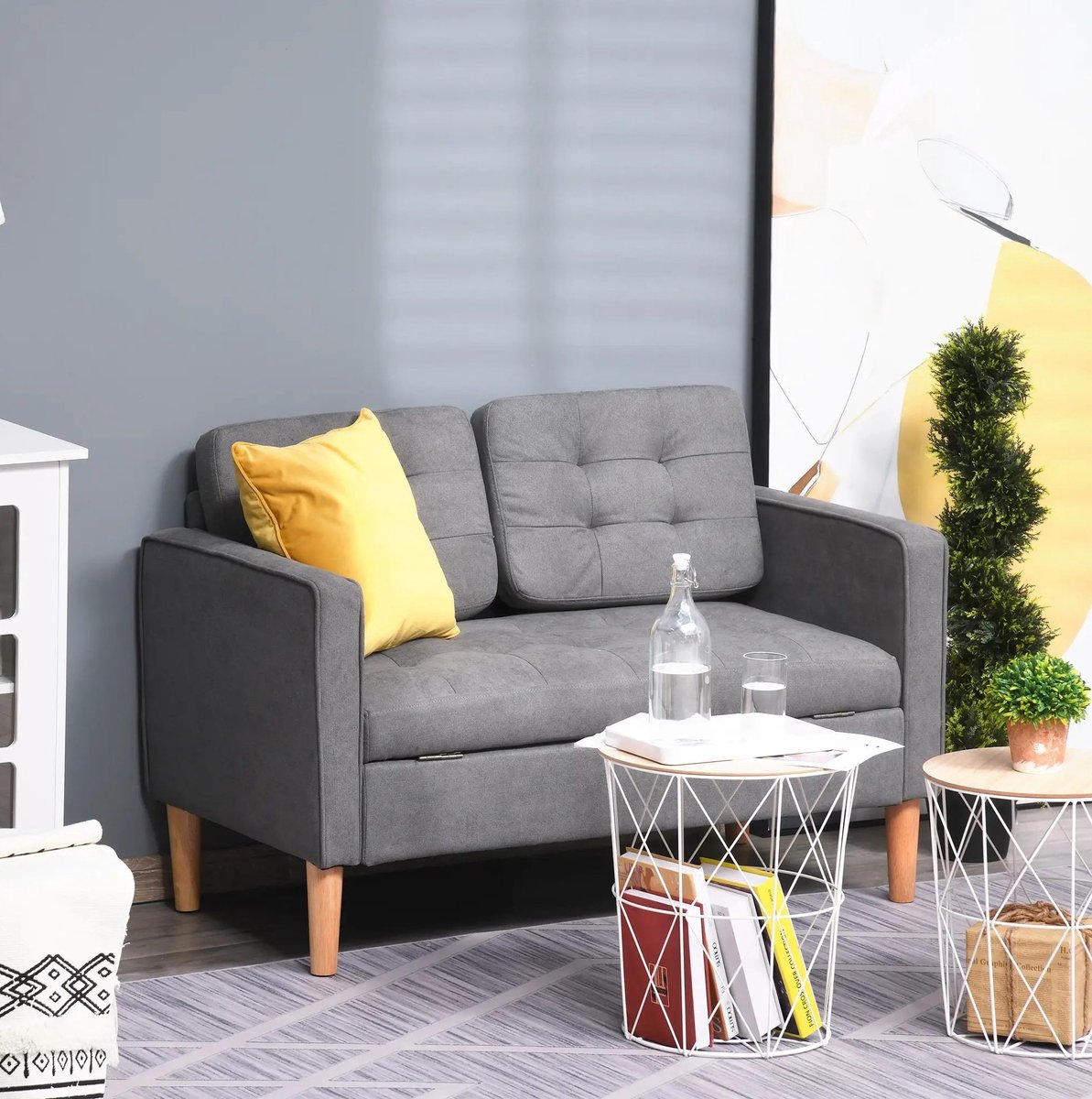 MODENUIT Zitbank 117 x 62 x 78 cm - Met Opbergruimte En Knoprug - Voor Woonkamer En Thuis - Polyester - Grijs