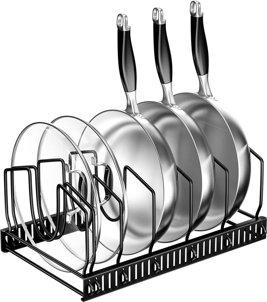 Famanu – Pannenrek voor de keuken, verstelbare koekenpannenscheidingswand met 7 vakken, ideaal voor het opbergen van potten en deksels, metalen houder in zwart