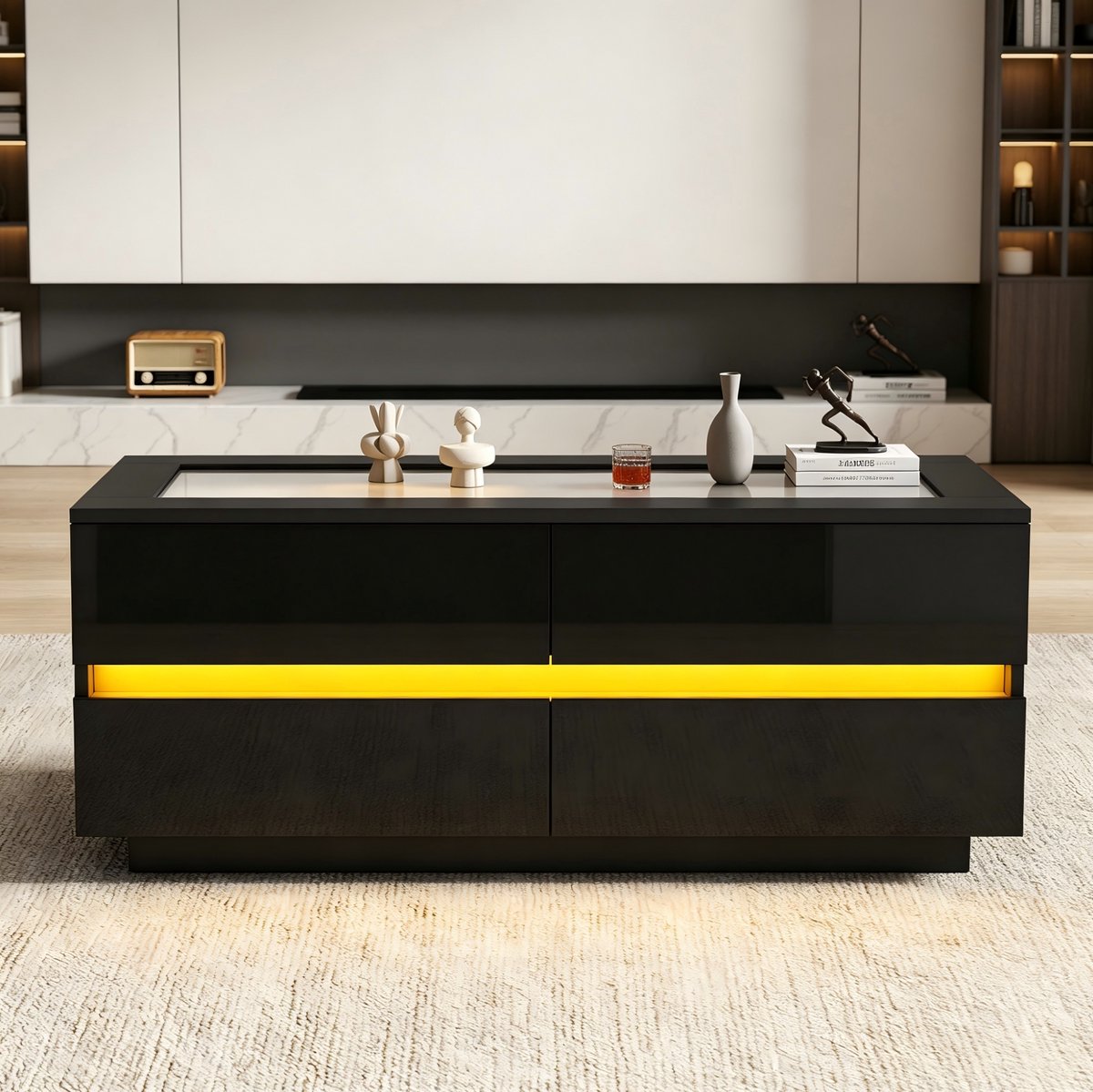 MODENUIT Salontafel - Met 4 Lades En LED - Voor Woonkamer - Spaanplaat En Glas - 100x50x40 Cm - Zwart