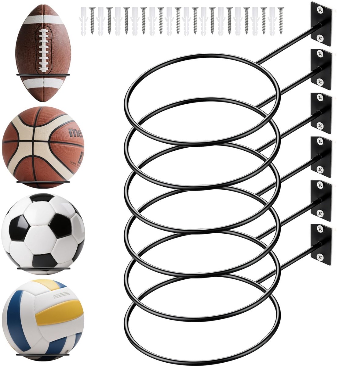 6 stuks balhouder muurbeugel voor basketbal, voetbal, wandbevestiging balstandaard, wandgemonteerde balhouder met - ShopVlot