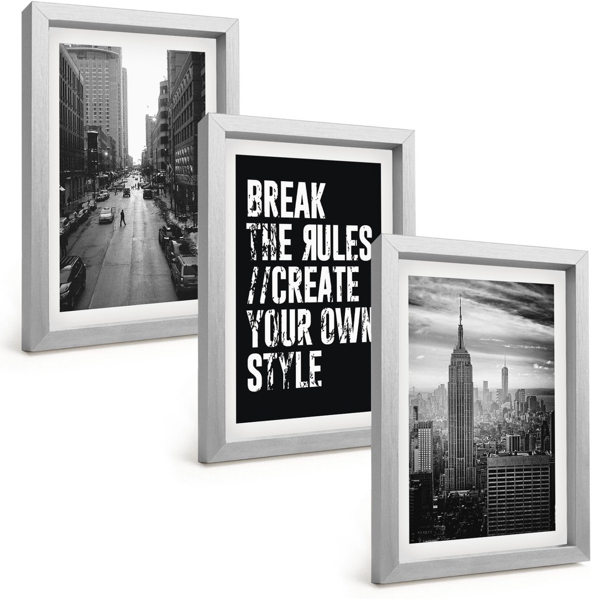 Tulup 4-Delige Schilderij Set - Stadsstraten in zwart-wit met inspirerende letters - 20 x 30 cm - Wanddecoratie - Muurdecoratie - Woonkamer - Moderne Wanddecoratie