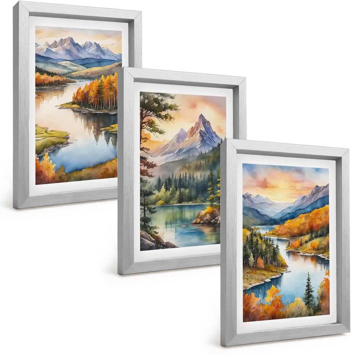 Tulup 4-Delige Schilderij Set - Berglandschappen met een rivier en kleurrijke bomen - 20 x 30 cm - Wanddecoratie - Moderne Interieurdecoratie - Interieur Decoratie
