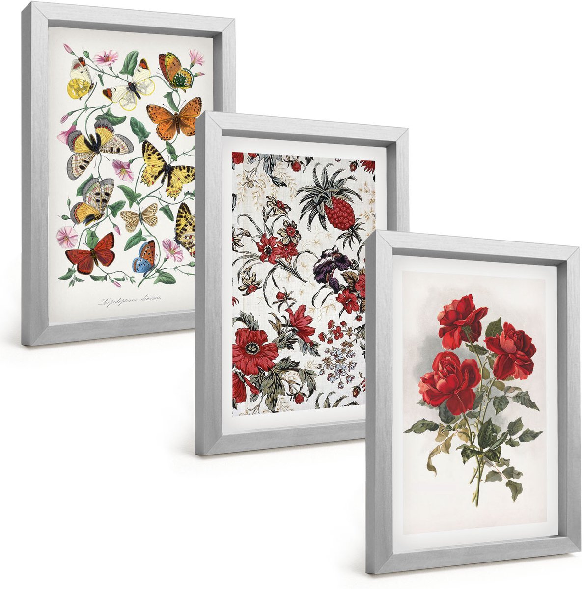 Tulup 4-Delige Schilderij Set - Vlinders, bloemen en rode rozen in een klassieke stijl. - 20 x 30 cm - Muurdecoratie - Wanddecoratie - Slaapkamer