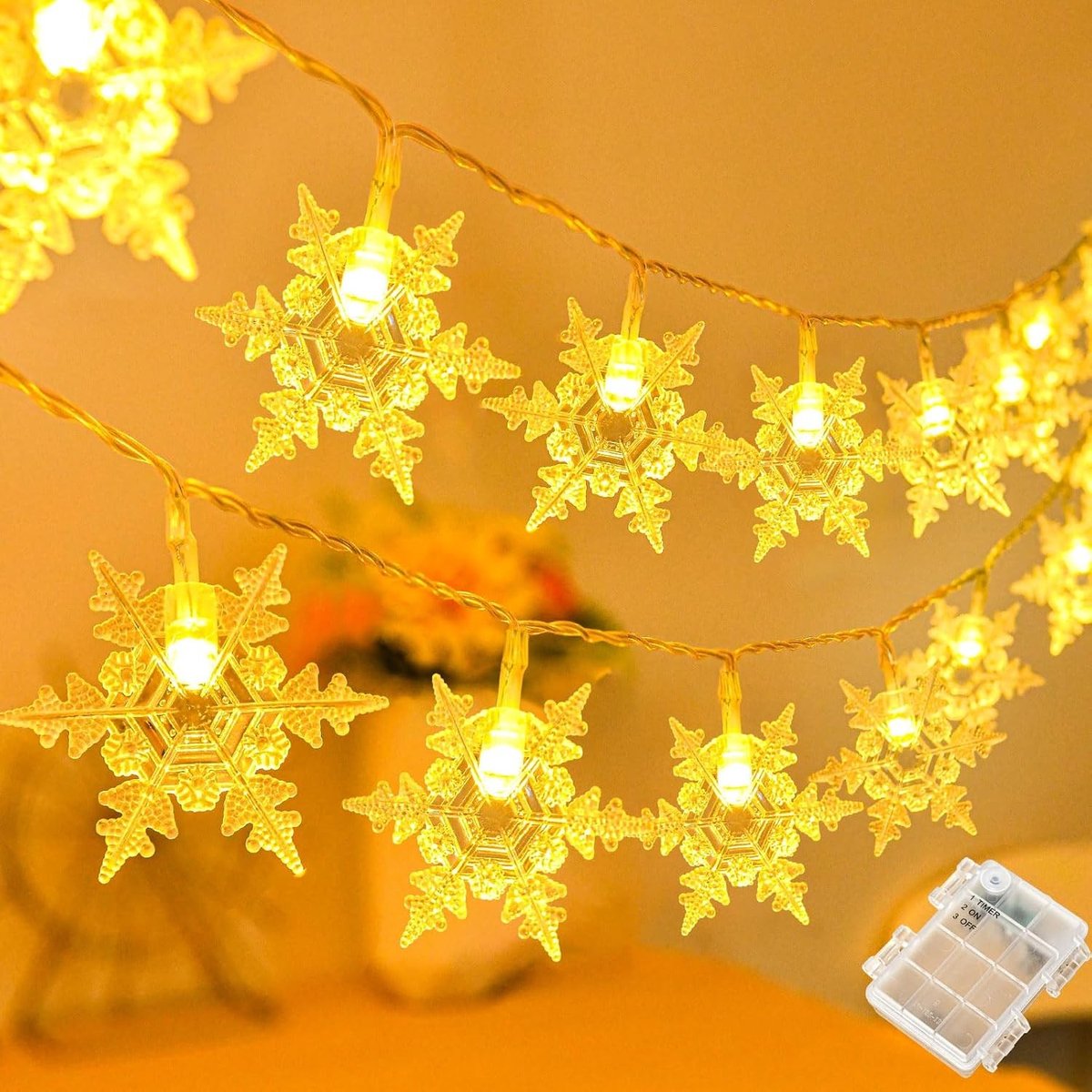 Kerst Lichtsnoer met Sneeuwvlokken - 6 m - 40 LEDs - Waterdicht en Batterijgevoed - Voor Binnen en Buiten