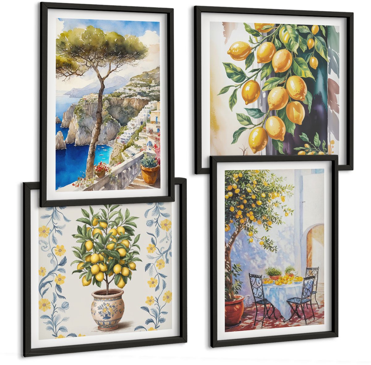 Tulup 4-Delige Schilderij Set - Citroenbomen en geschilderde zeegezichten - 40 x 40 cm en 40 x 60 cm - Stijlvolle Muurdecoratie - Kantoor - Decoratieve Schilderijen