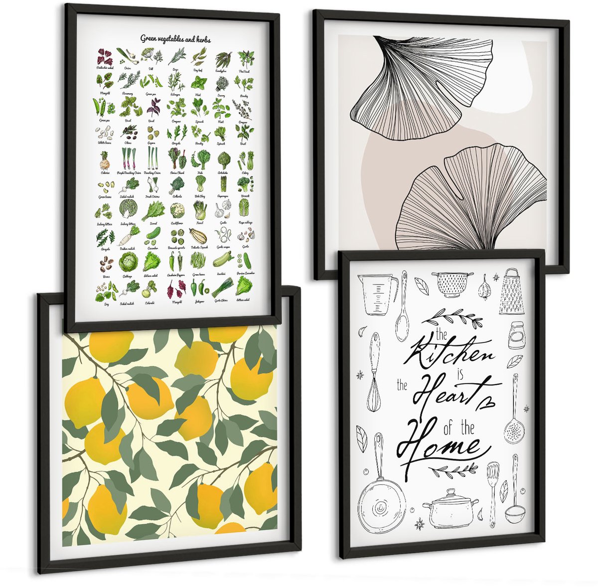 Tulup 4-Delige Schilderij Set - Lijst met keukenkruiden, belettering en beschilderde citroenen - 40 x 40 cm en 40 x 60 cm - Wanddecoratie - Muurdecoratie - Moderne Interieurdecoratie - Woonkamer Decoratie
