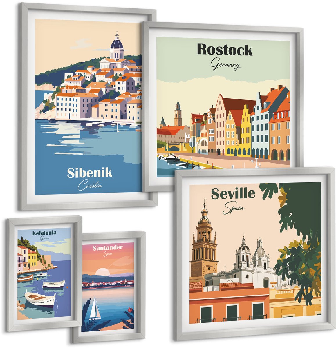 TULUP 4-Delige Schilderij Set - Landschappen van Europese kust- en havensteden - 50 x 50 cm, 20 x 30 cm en 40 x 60 cm - Muurdecoratie - Interieur Decoratie - Stijlvolle Muurdecoratie Zilveren lijst
