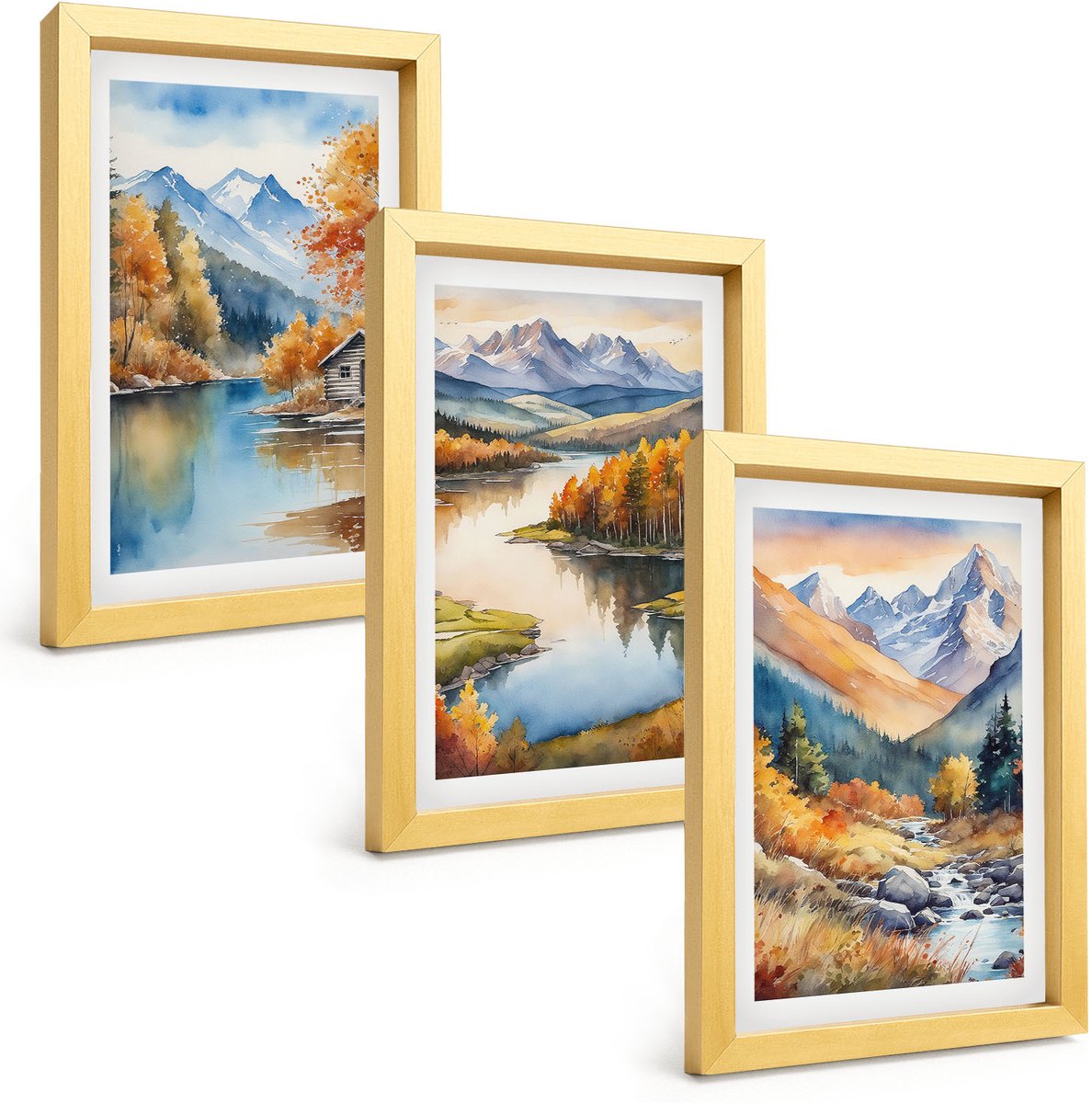 TULUP 4-Delige Schilderij Set - Uitzicht op de bergen met een rivier en herfstbomen. - 20 x 30 cm - Stijlvolle Muurdecoratie - Slaapkamer - Moderne Wanddecoratie Gouden lijst