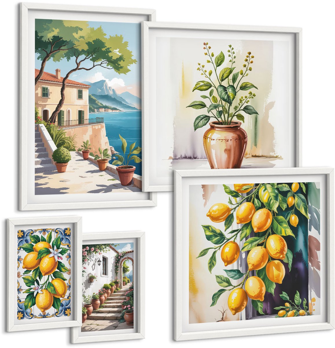 Tulup 4-Delige Schilderij Set - Mediterrane landschappen met citrusvruchten en vegetatie - 50 x 50 cm, 20 x 30 cm en 40 x 60 cm - Decoratieve Schilderijen - Wanddecoratie - Hal - Moderne Wanddecoratie