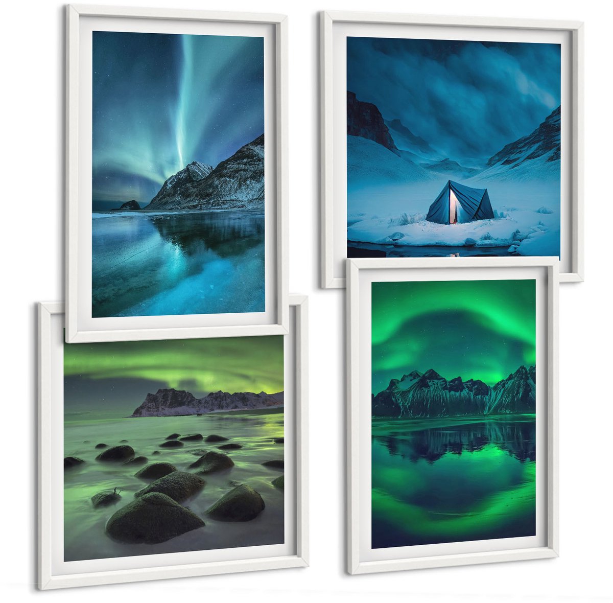 Tulup 4-Delige Schilderij Set - Winterlandschap met noorderlicht en bergen - 40x40 en 40x60 - Wanddecoratie - Muurdecoratie - Woonkamer - Woonkamer Decoratie