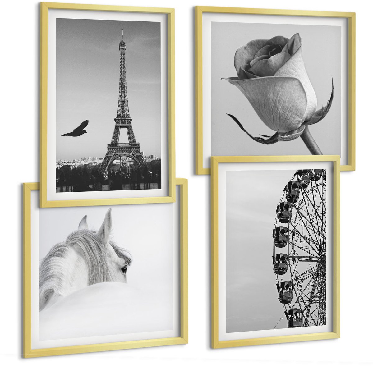 TULUP 4-Delige Schilderij Set - Roze Eiffeltoren Paard Reuzenrad Monochroom - 40 x 40 cm en 40 x 60 cm - Wanddecoratie - Woonkamer Decoratie Gouden lijst