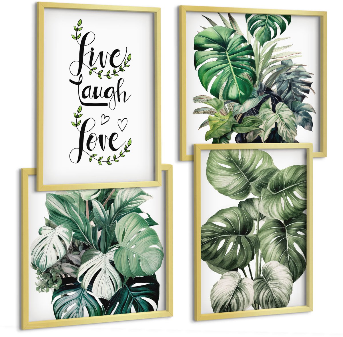 TULUP 4-Delige Schilderij Set - Bladrijke planten met de woorden Leef, Lach, Houd van - 40 x 40 cm en 40 x 60 cm - Decoratieve Schilderijen - Wanddecoratie - Hal - Interieur Decoratie Gouden lijst