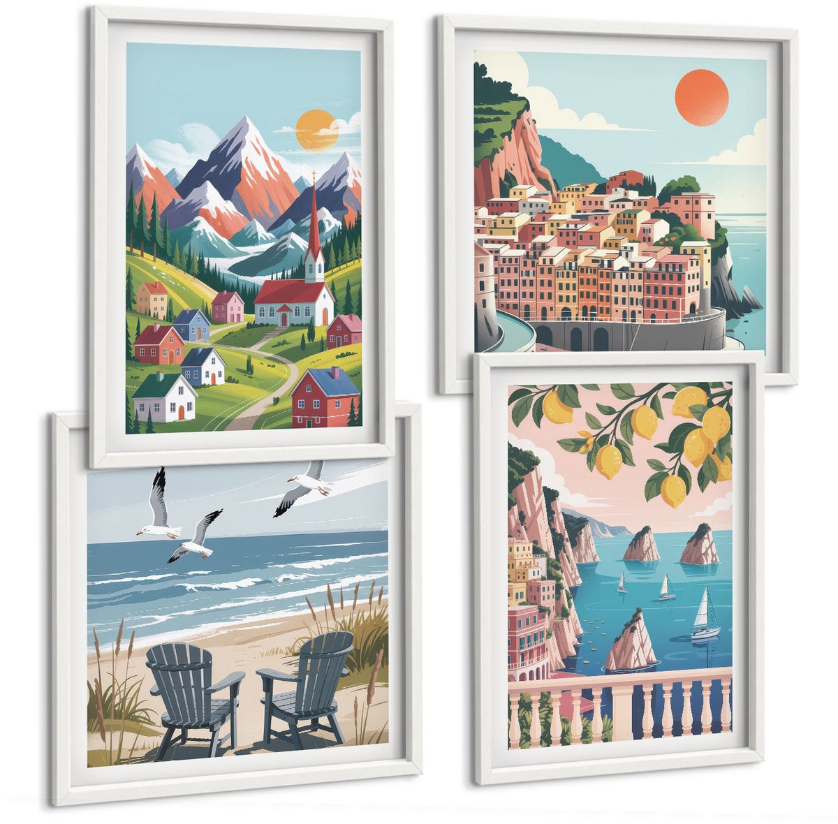 Tulup 4-Delige Schilderij Set - Kleurrijke berglandschappen en kuststeden - 40x40 en 40x60 - Wanddecoratie - Muurdecoratie - Woonkamer