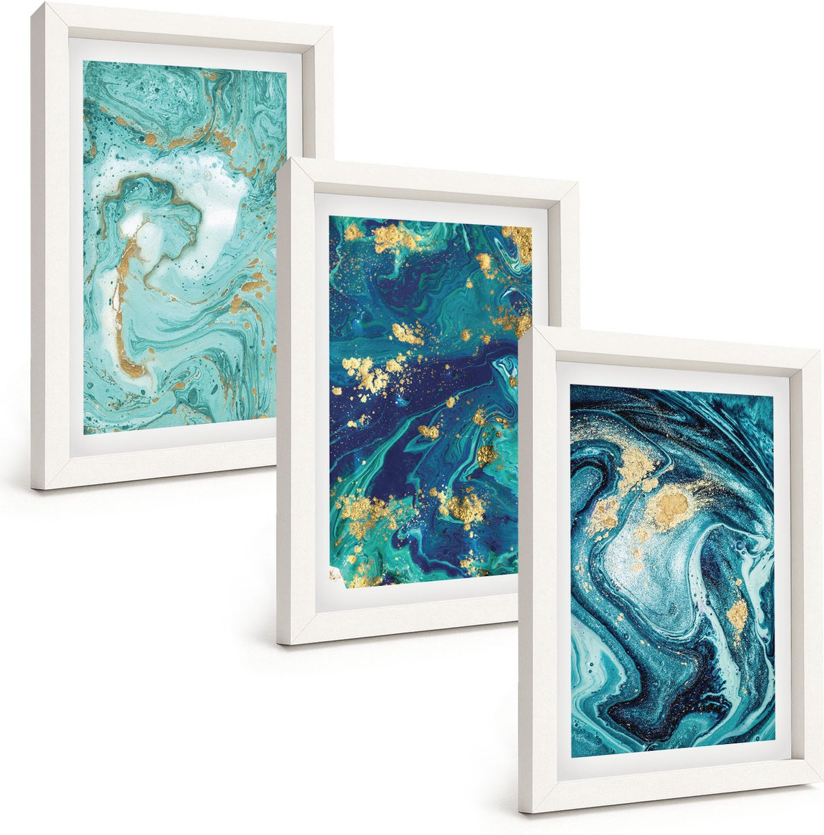 Tulup 3-Delige Schilderij Set - Turquoise abstractie van gemorste verf - 20x30 - Stijlvolle Wanddecoratie - Interieur - Woonkamer Decoratie