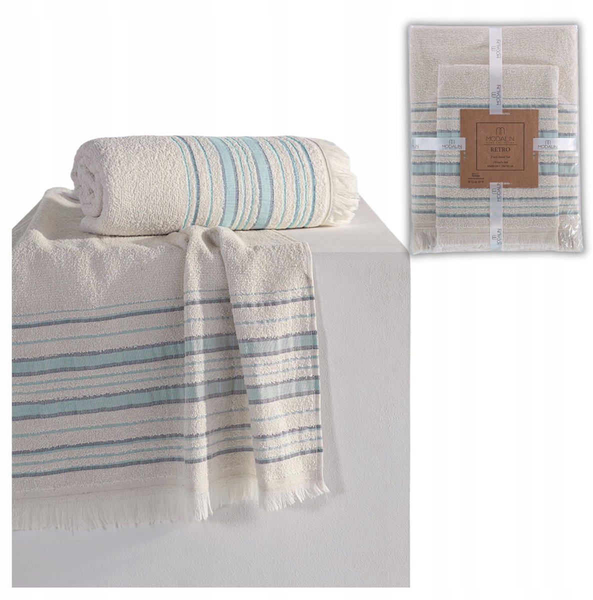 2 Retro Katoenen Handdoekenset 50x90 + 70x140 cm Blauw
