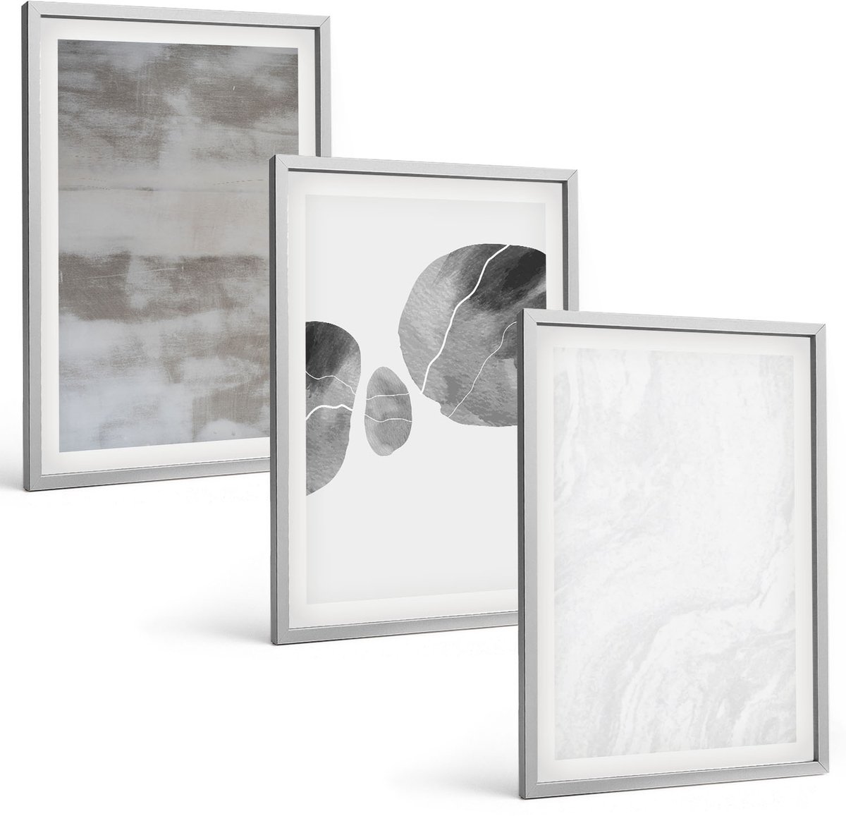 TULUP 4-Delige Schilderij Set - Abstracte vormen en structuren in moderne stijl. - 40 x 60 cm - Moderne Wanddecoratie - Woonkamer Zilveren lijst