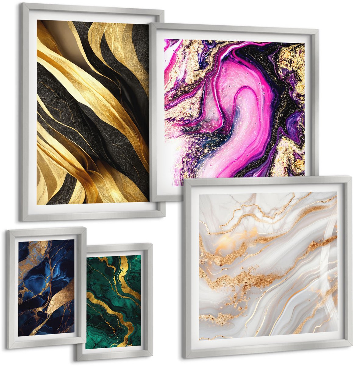 TULUP 4-Delige Schilderij Set - Abstracte patronen in een moderne stijl met metallic accenten - 50 x 50 cm, 20 x 30 cm en 40 x 60 cm - Muurdecoratie - Wanddecoratie - Slaapkamer Zilveren lijst