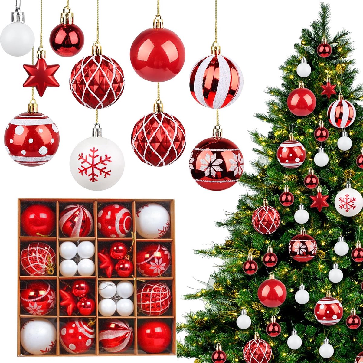 Set of 42 Christmas Baubles Red White 3 cm and 6 cm Plastic Christmas Baubles, Shatterproof Plastic Decorative - ShopVlot