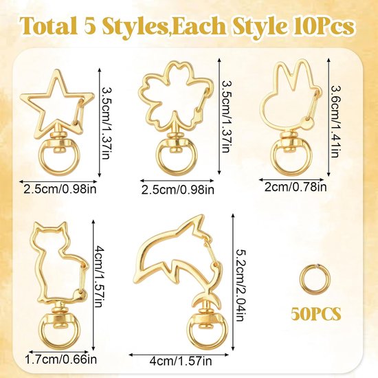 Metal Swivel Snap Clips, 50PCS 5 Shapes Gold Lobster Clasps Bulk Snap Hook with Keychains for Jewelry Making Bag - ShopVlot — afbeelding 4