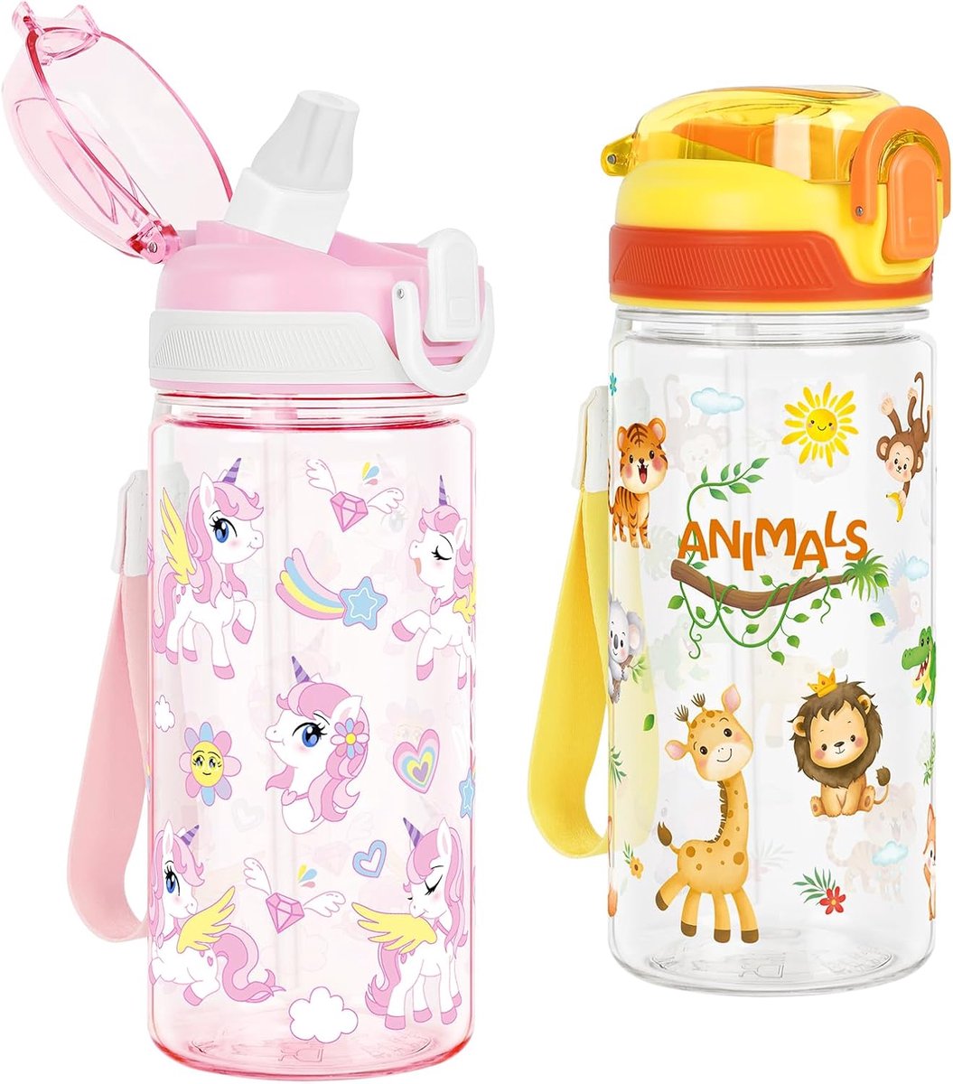 2-Pack 16 oz Kids waterfles voor school of reizen, peuter plastic waterfles met rietje, Tritan BPA-vrij, pop-up tuit - ShopVlot