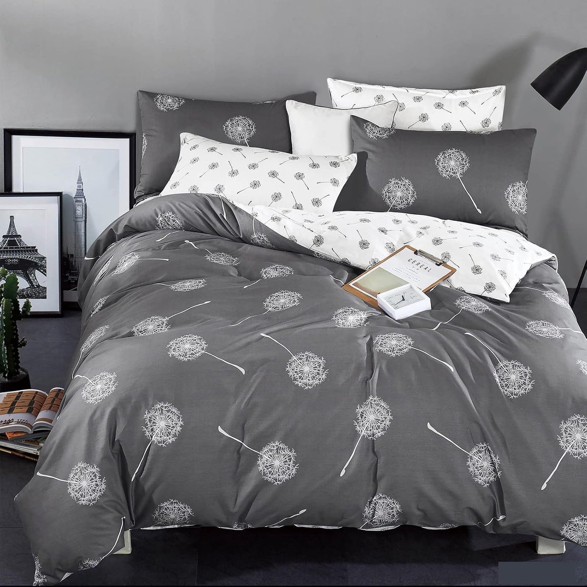 KEAYOO Bed Linen 135 x 200 cm Grey White Reversible Bed Linen Dandelion Pattern 100% Cotton Winter to Summer Soft - ShopVlot