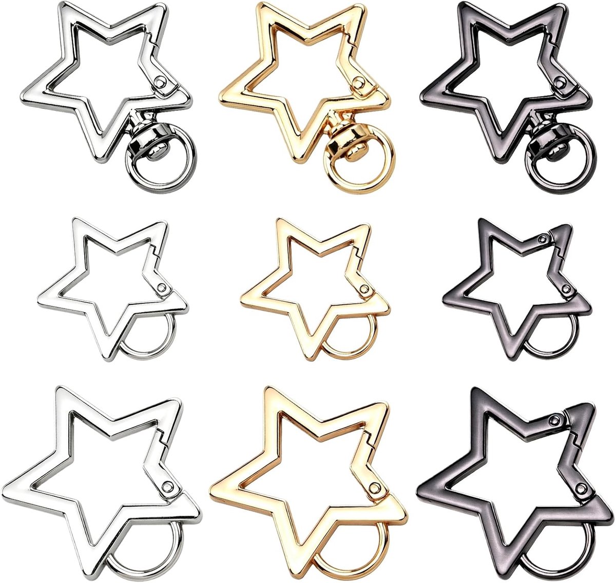 9 stuks sterrenkarabijnhaken, sleutelhanger, ster, karabijnhaak ster in 3 maten en kleuren, karabijnhaak kleine - ShopVlot
