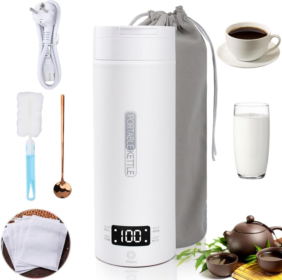 Kleine Draagbare Elektrische Waterkoker - Zilver - 500 ml - RVS Liner met Temperatuurregeling - Voor Thuis en Reizen