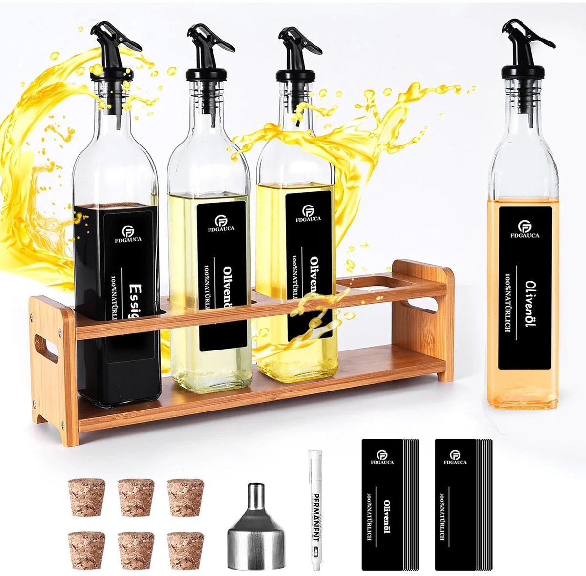 Archi Olie- en Azijndispenser Set – Olieschenker - Set van olie- en azijnfles - 4 x 500 ml – Glazen Flessen met Schenkers – Bamboe