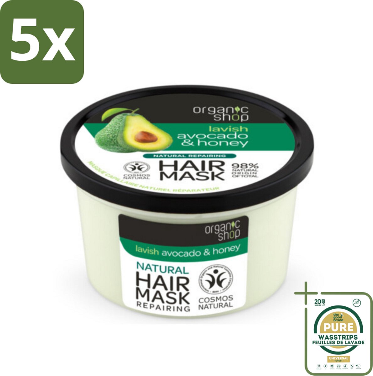 5 x Organic Shop - Haarmasker Avocado & Honey - Hydraterend en Verzachtend - 250 ml - Grootverpakking - Haarmasker Avocado Honing - Droog Haar Herstellen - Haar Verzorgen - Haar Herstellen - Natuurlijk Haarmasker