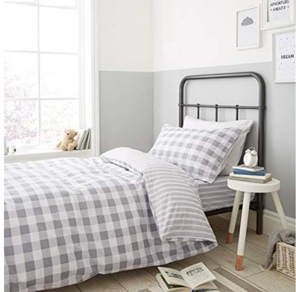 Hoeslaken Enkel 90x200 cm - Katoen Grijs Geruit en Gestreept - Perfecte Pasvorm voor Je Bed - ShopVlot