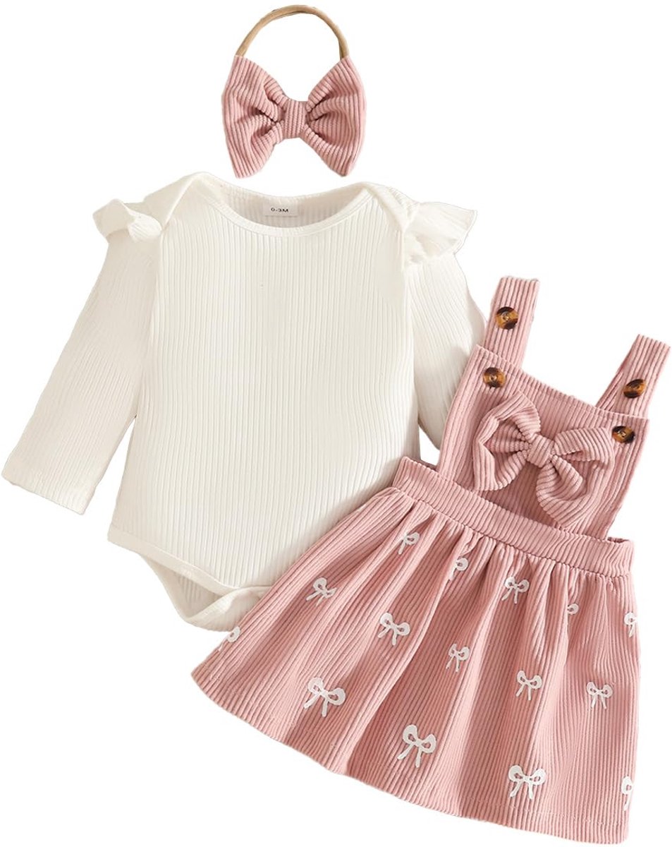Baby meisjes outfit 0-3 maanden - corduroy bretelrok - geribbelde top met hart - schattige 3-delige set - ShopVlot