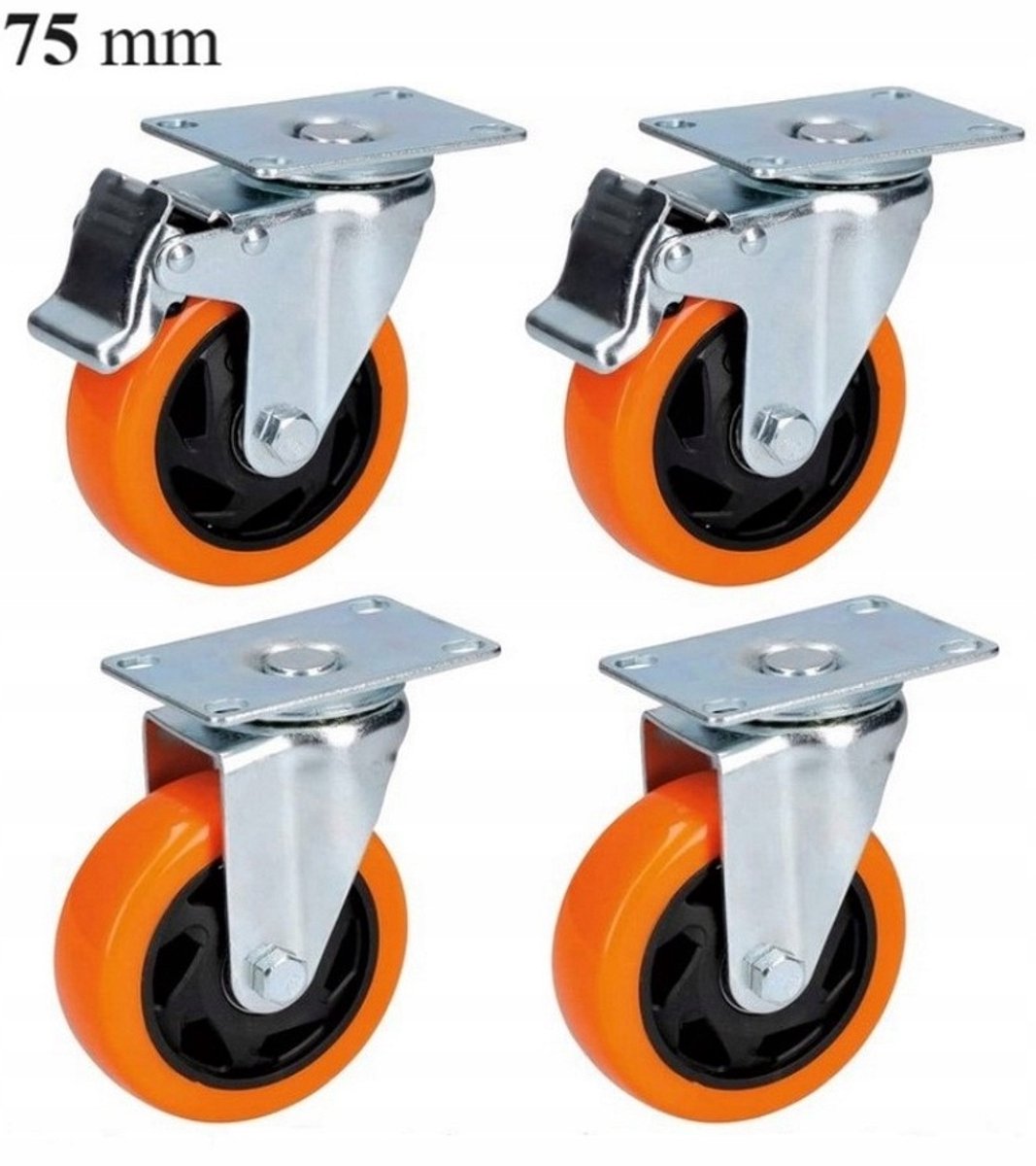 4x PVC Zwenkwielen met Rem 75mm - Industriële Kwaliteit