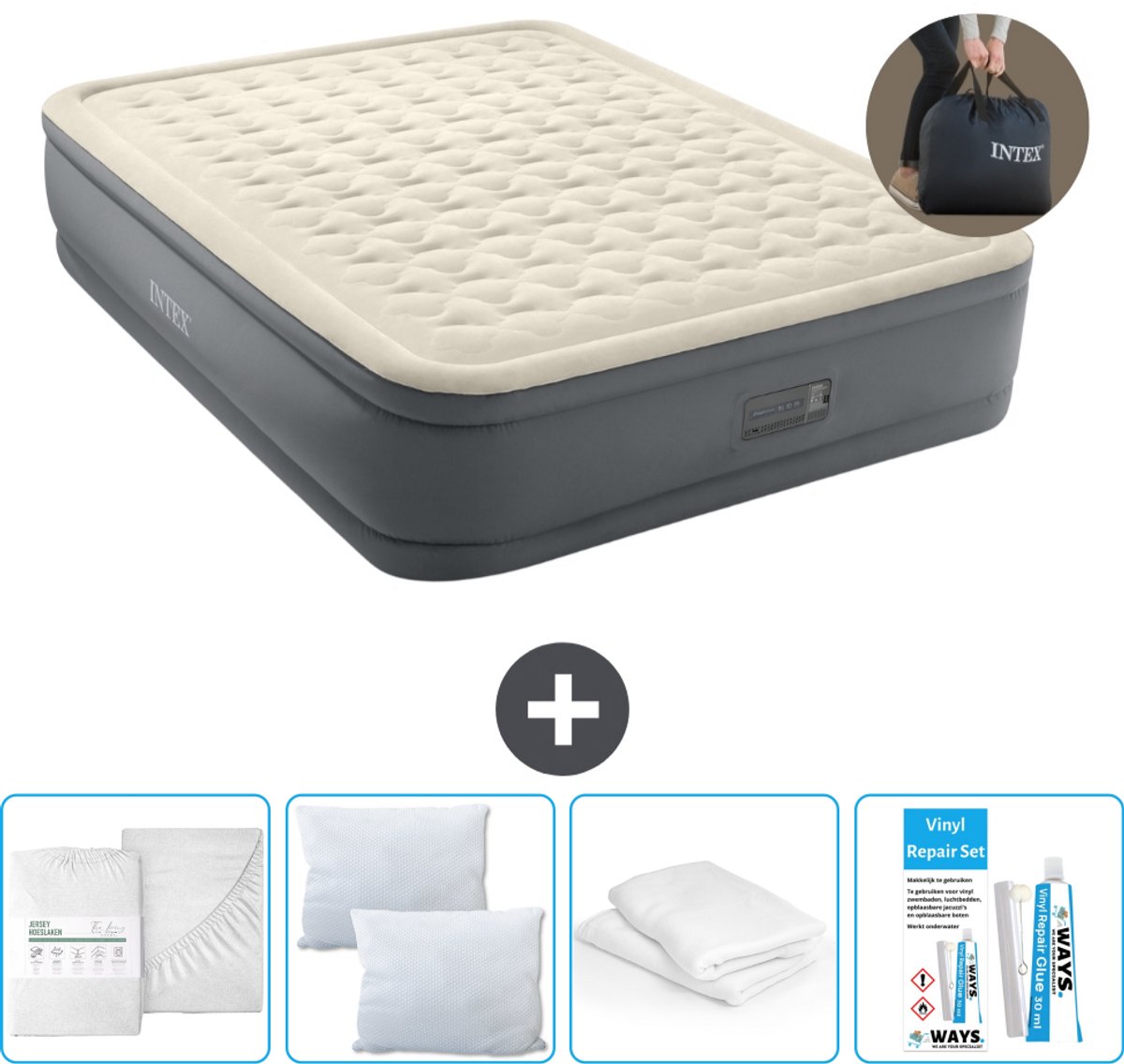 Intex Luchtbed - 2-Persoons - 152 x 203 x 46 cm - Grijs - Inclusief pomp - Hoeslaken - Kussen - Reparatieset en Kussenbeschermer