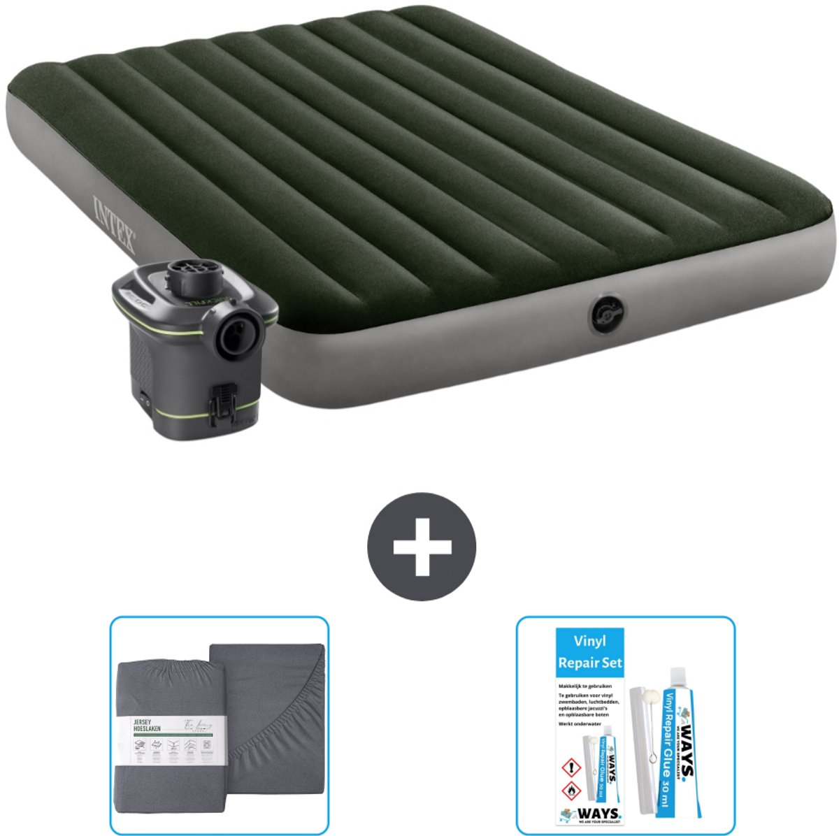 Intex Luchtbed - 2-Persoons - 152 x 203 x 25 cm - Groen - Inclusief pomp - Hoeslaken en Reparatieset