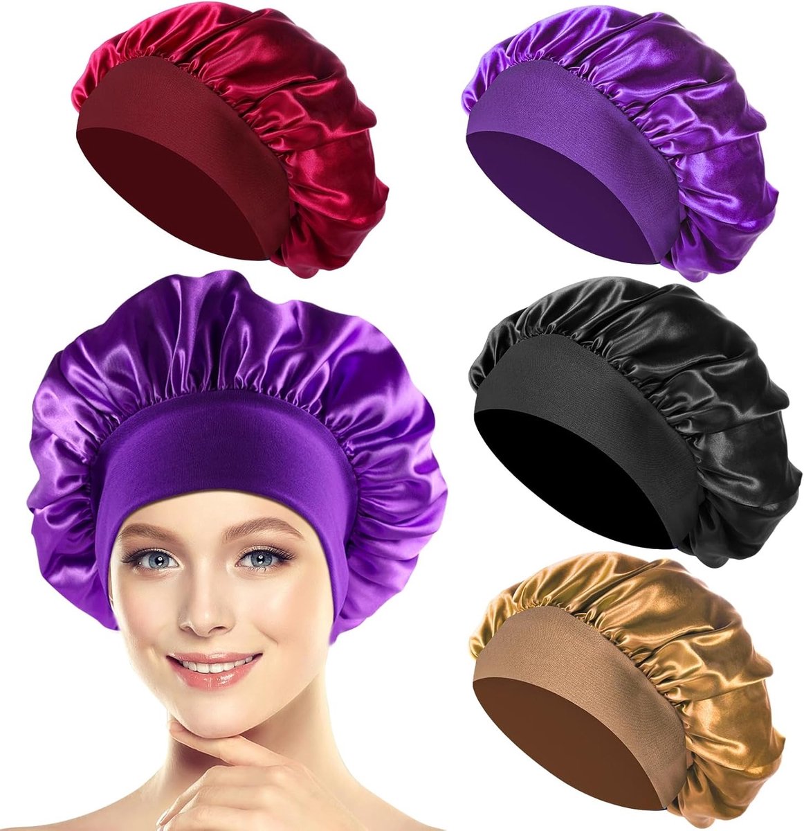 PAEFIU Satijnen nachtmuts voor dames, 4 stuks, zijden nachtmuts voor dames, beschermt lang haar en krullend haar - ShopVlot