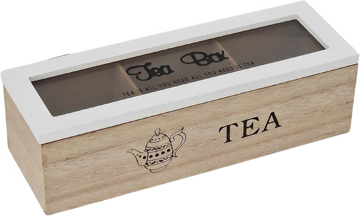 Houten kruidentheedoos 24 x 8 x 7 cm - wit - voor 3 theezakjes - ideaal voor kruidenopslag - ShopVlot
