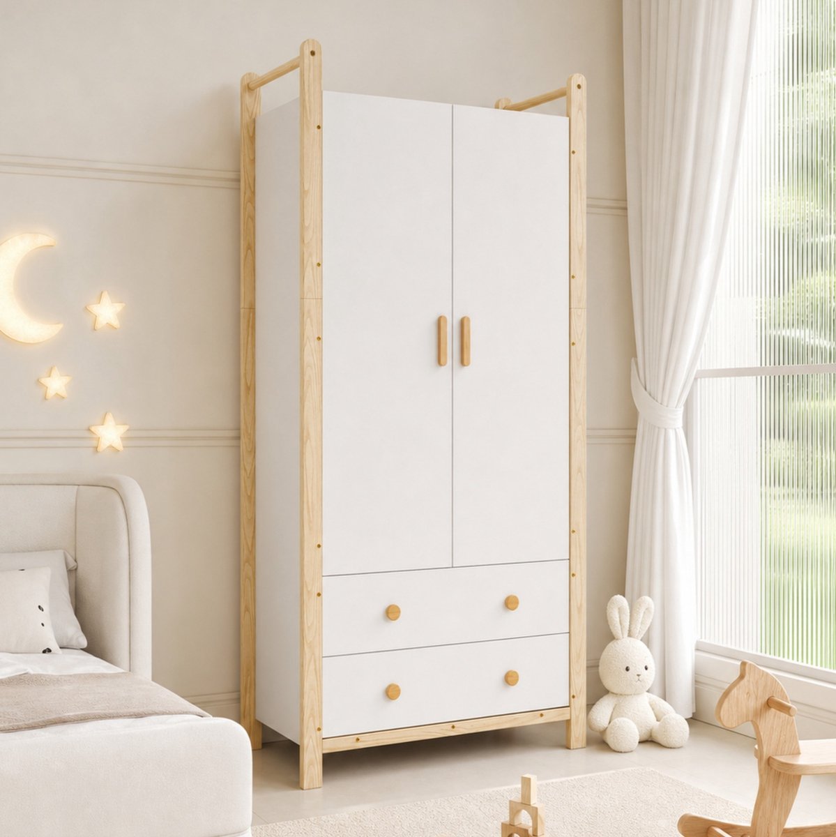 MIVRAY Kledingkast Met 2 Deuren En Kledingstang En 2 Lades Voor Slaapkamer Kinderkamer En Hal Hout Wit Natuur 90 X 45 X 180 Cm Natuurlijk wit