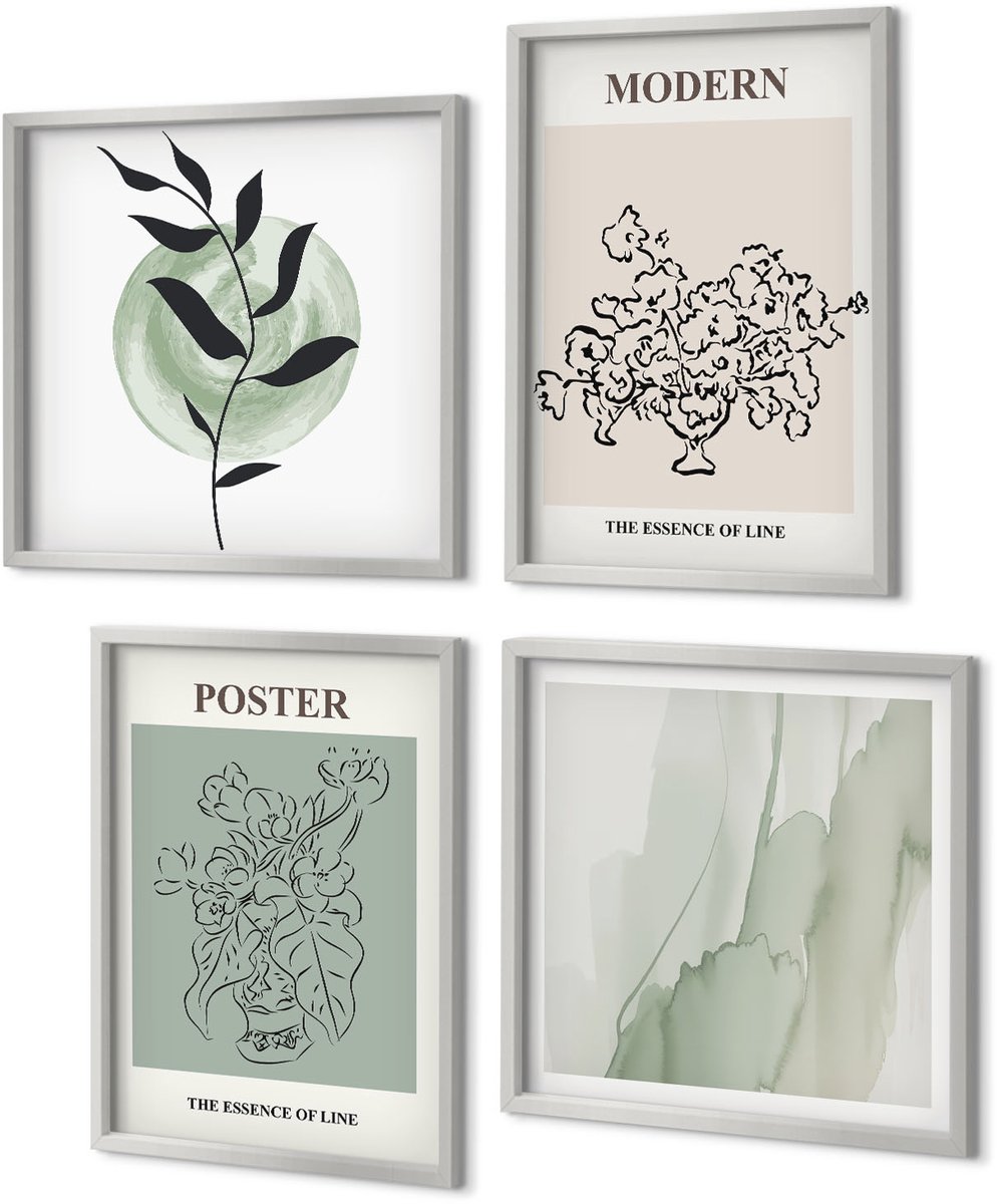 Coloray 4-Delige Schilderij Set - Bloemen in een vaas in een moderne en minimalistische stijl. - 40 x 40 cm en 40 x 60 cm - Wanddecoratie - Schilderijen Set - Interieur - Interieur Decoratie